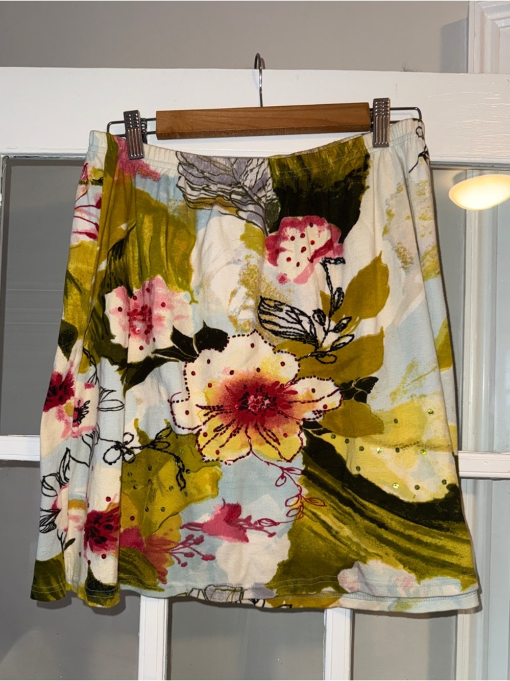 Newport News 90s Vintage Beaded Olive & Pink Floral A-Line Skirt